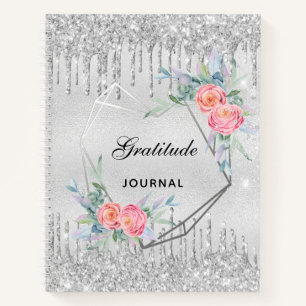 Gratitude journal silver floral glitter blush pink