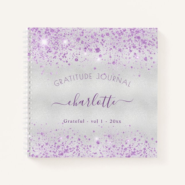 Gratitude journal silver lavender glitter name (Front)
