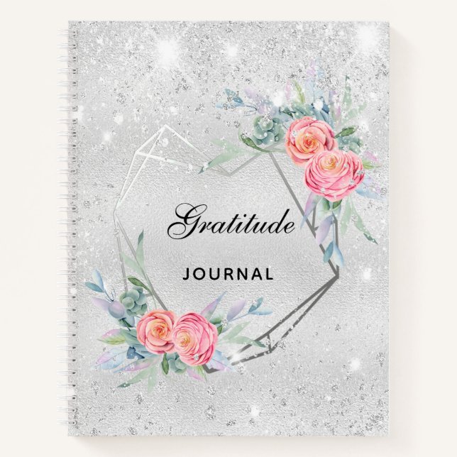 Gratitude journal silver pink florals glitter dust (Front)