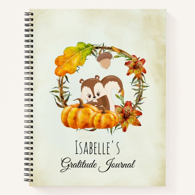 Gratitude Journal Squirrel in Rustic Fall Wreath (Front)