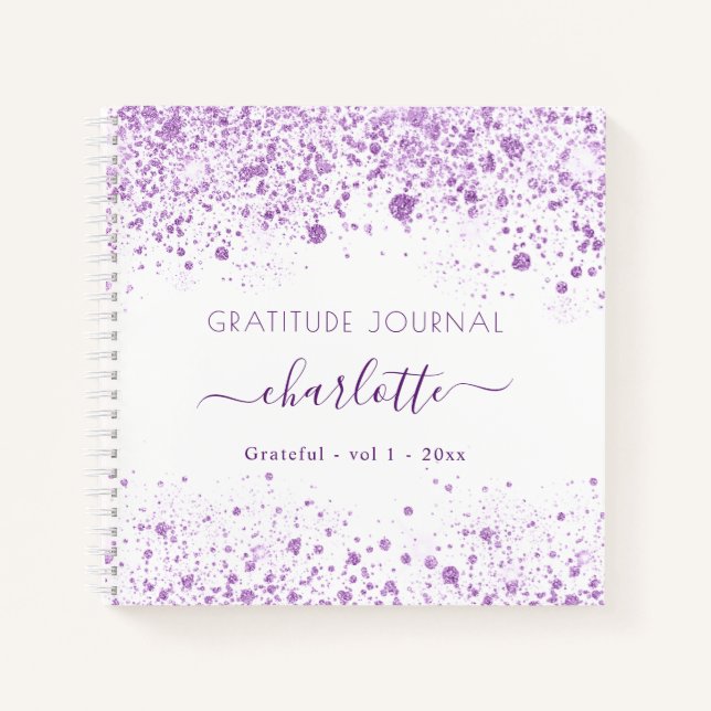 Gratitude journal violet white glitter name (Front)