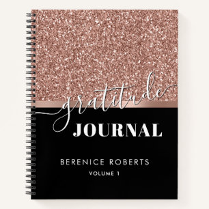 Gratitude Journalling Rose Gold Glitter Black Name Notebook
