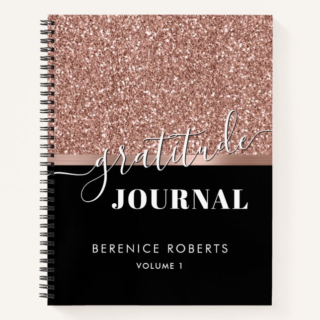 Gratitude Journalling Rose Gold Glitter Black Name Notebook (Front)