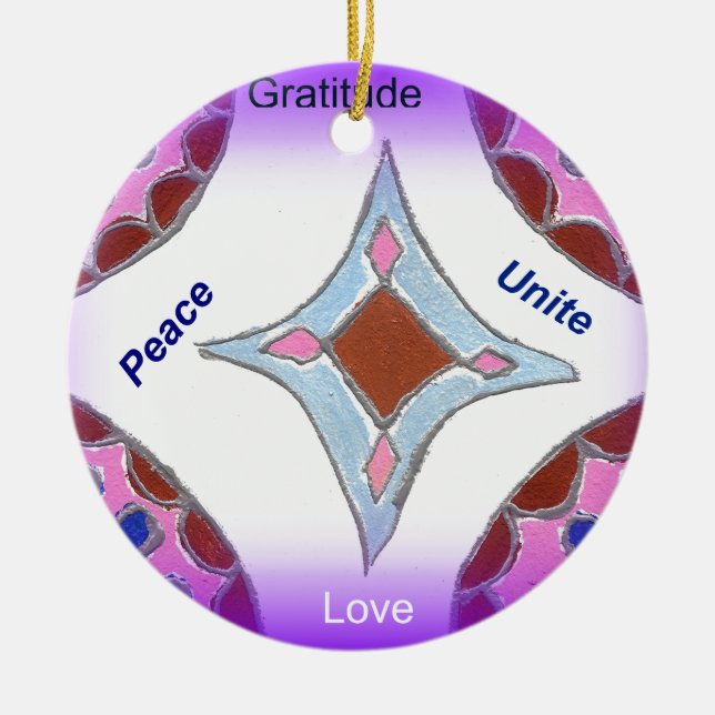 "Gratitude Peace Love Unite" Mandala Art Print Ceramic Tree Decoration (Front)