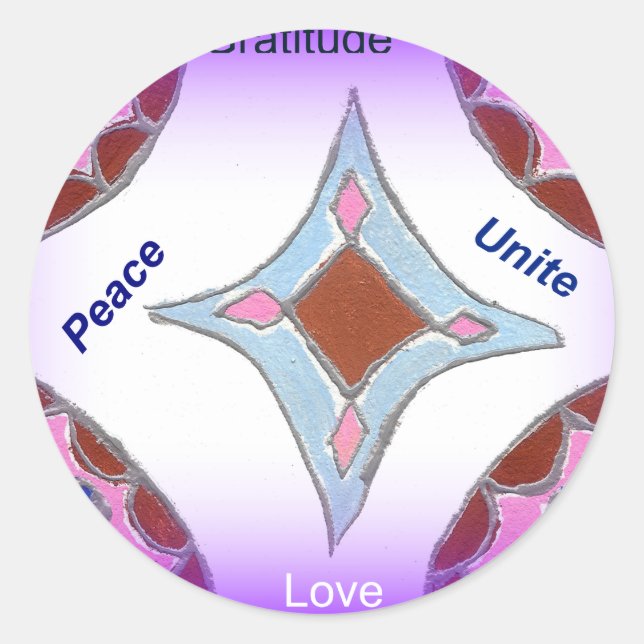 "Gratitude Peace Love Unite" Mandala Art Print Classic Round Sticker (Front)