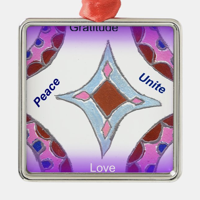 "Gratitude Peace Love Unite" Mandala Art Print Metal Ornament (Front)