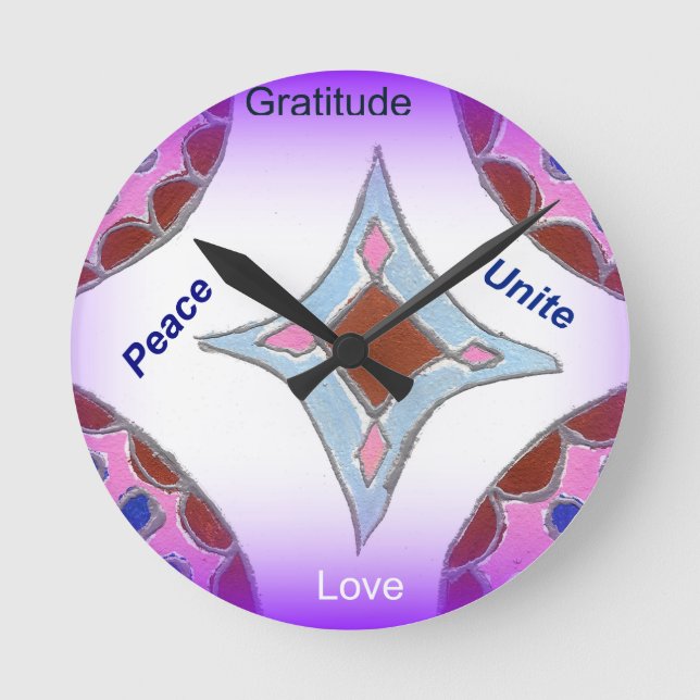 "Gratitude Peace Love Unite" Mandala Art Print Round Clock (Front)