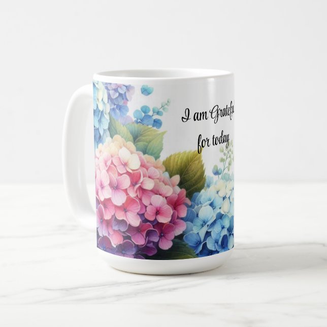 Gratitude Watercolor Hydrangeas Coffee Mug (Front Left)