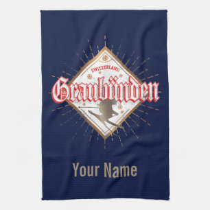 Graubünden Switzerland retro skier vintage Tea Towel