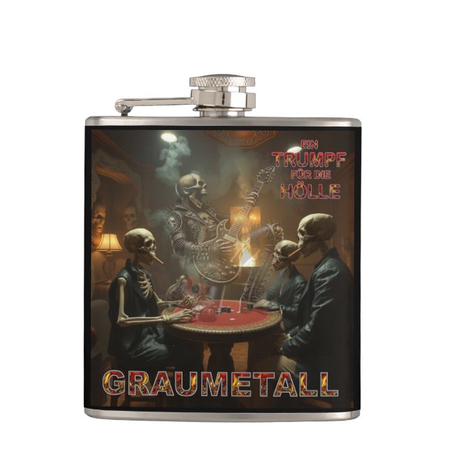 Graumetall Trumpf for Hölle Coverdesign metal Hip Flask (Front)