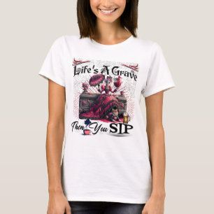 Grave Skeleton Drinking Cat Coffee T-Shirt