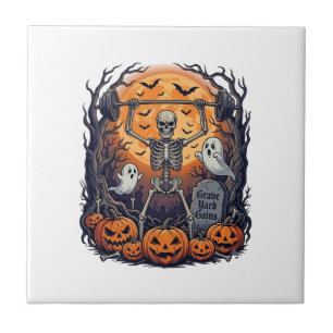 Grave Yard Gains Skeleton Lifting Barbell Hallowee Ceramic Tile