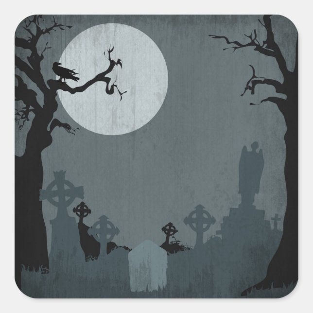 Graveyard and Full Moon for Halloween Square Sticker (Front)
