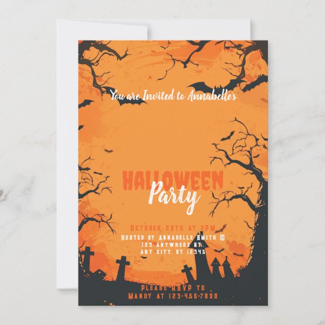 Graveyard Bats Cemetery Orange Halloween Party Invitation (Front)