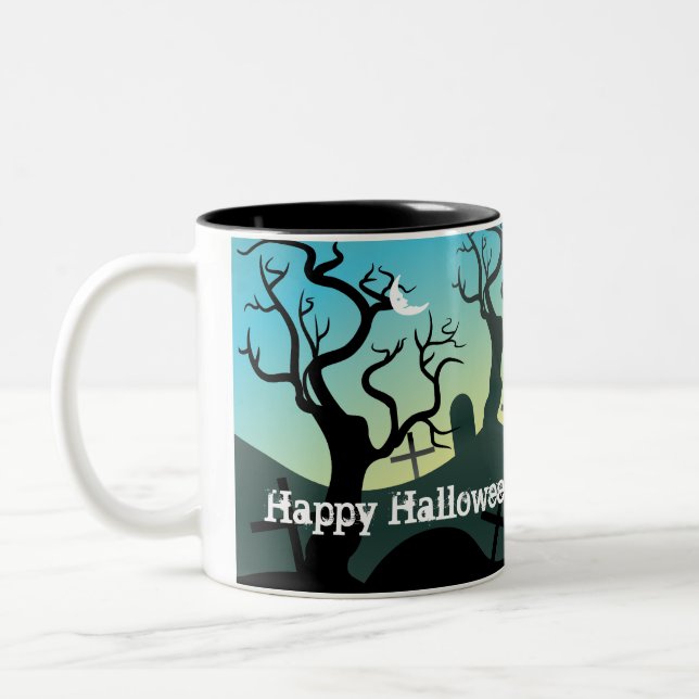 Graveyard black, aqua, yellow Halloween custom Two-Tone Coffee Mug (Left)