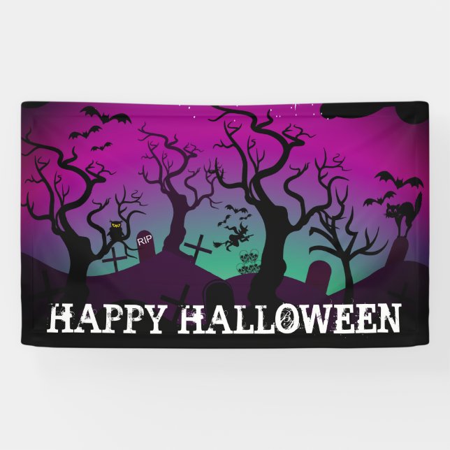 Graveyard black, purple, turquoise Halloween Banner (Horizontal)