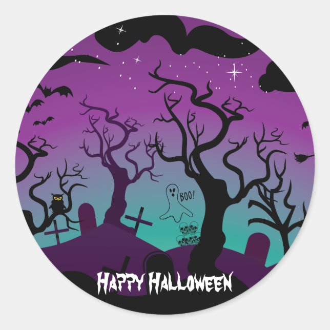Graveyard black, purple, turquoise Halloween Classic Round Sticker (Front)