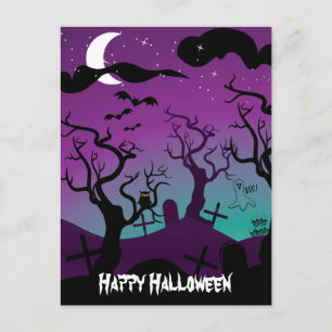 Graveyard black, purple, turquoise Halloween Postcard
