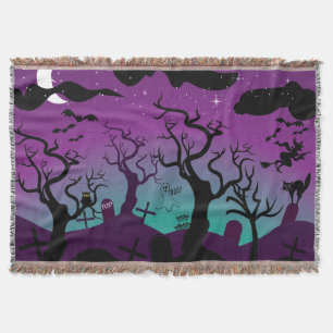 Graveyard black, purple, turquoise Halloween Throw Blanket