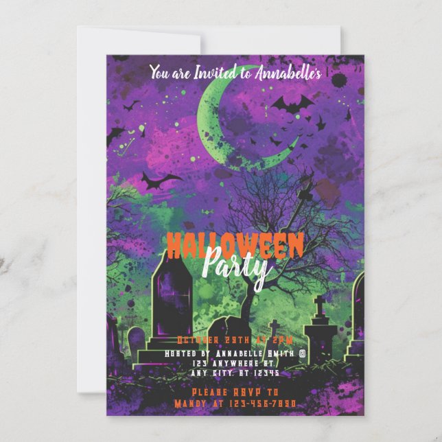 Graveyard Crosses Crescent Moon Halloween Party Invitation (Front)