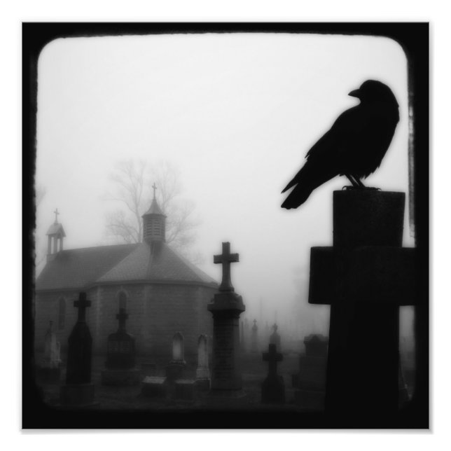 Graveyard Crow In Spooky Graveyard Photo Print (Front)