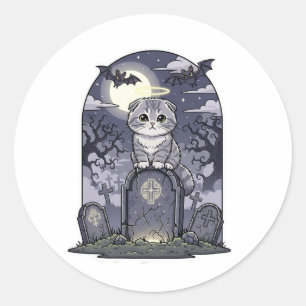 Graveyard Fold – Cute Scottish Fold Cat Halloween Classic Round Sticker