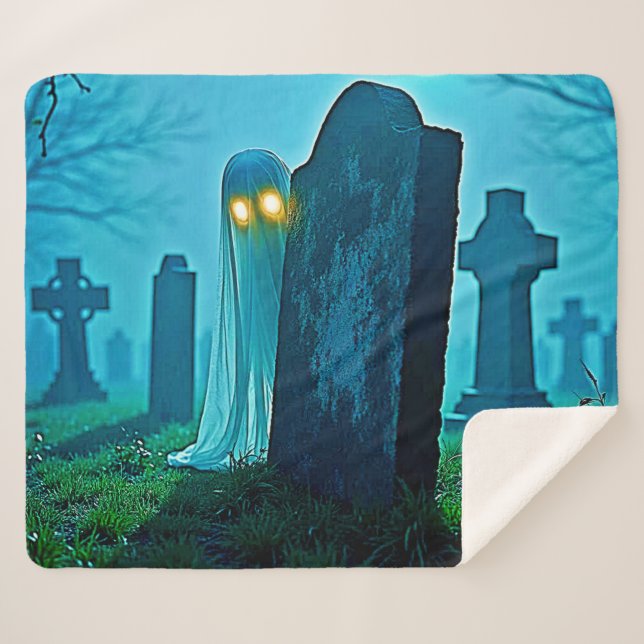 Graveyard Ghost's Eerie Glimpse Sherpa Blanket (Front (Horizontal))