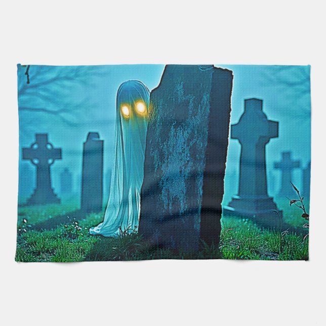Graveyard Ghost's Eerie Glimpse Tea Towel (Horizontal)