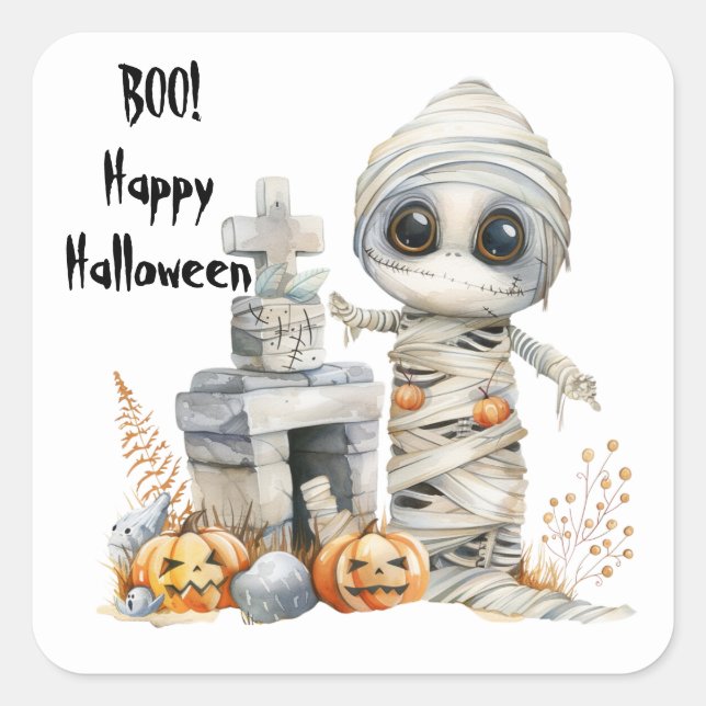 Graveyard Giggles – Mummy in the Moonlight Square Sticker (Front)