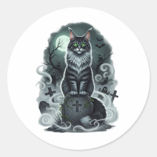 Graveyard Guardian – Maine Coon Halloween Classic Round Sticker