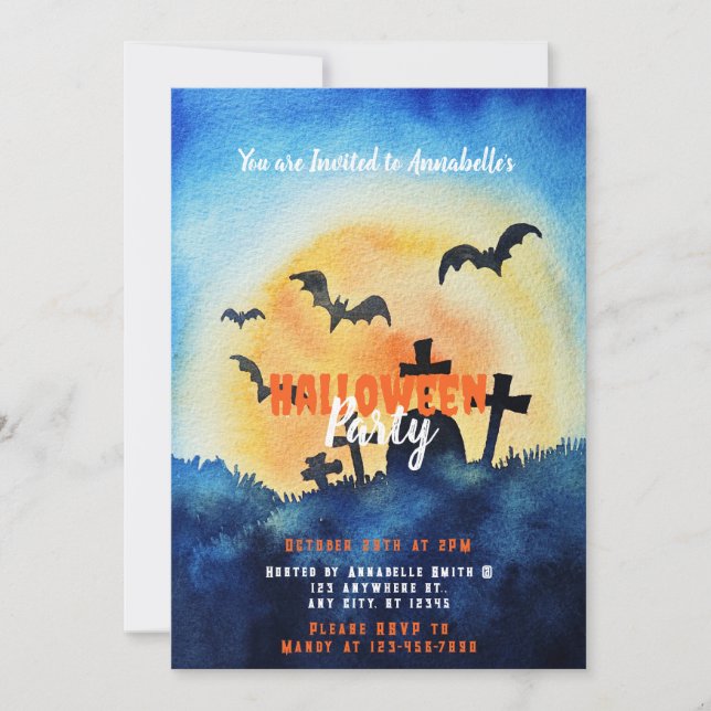 Graveyard Setting Sun Bats Halloween Party Invitation (Front)
