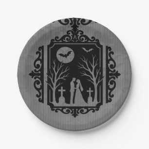 Graveyard Vows Black & Gray Gothic Wedding Paper Plate