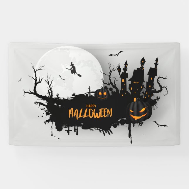 Graveyard, Witch, Pumpkins and Haunted House Banner (Horizontal)