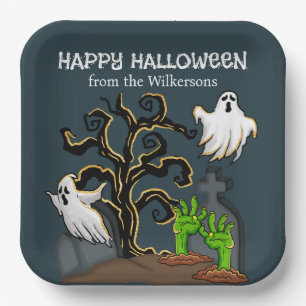Graveyard Zombie and Ghosts Cute Halloween Party Paper Plate