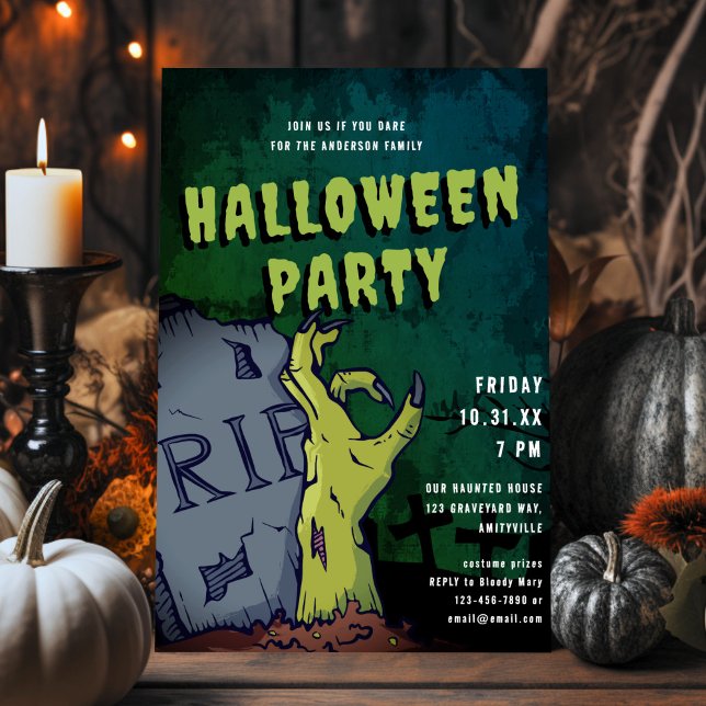 Graveyard Zombie Hand Scary Halloween Party Invitation (Creator Uploaded)