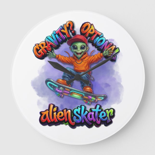 Gravity Optional Alien Skater Hoverboard Space Art Large Clock (Front)