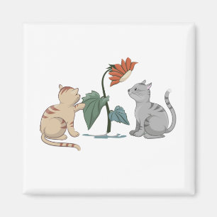 GRAY AND BEIGE CUTE KITTENS PLAY WITH SUNFLOWER MAGNET