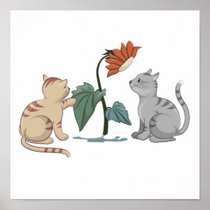 GRAY AND BEIGE CUTE KITTENS PLAY WITH SUNFLOWER POSTER