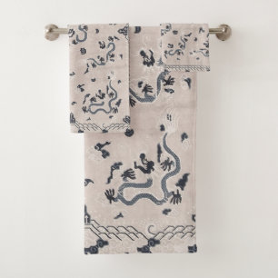 Gray and Black Deco Dragon Art Bath Towel Set