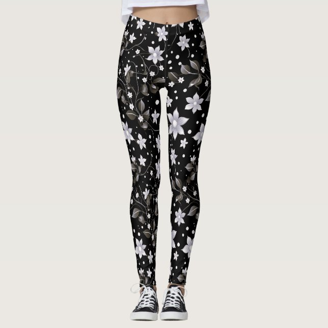 Gray and Black Flower Pattern Leggings (Front)
