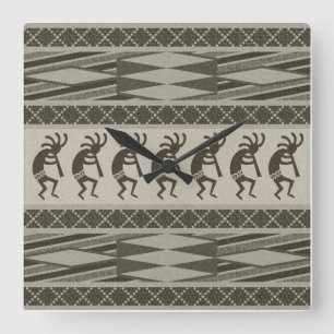 Gray And Black Kokopelli Aztec Design Square Wall Clock
