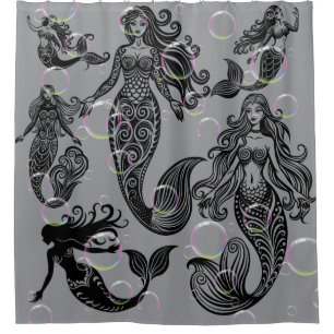 Gray and Black Mermaid Shower Curtain