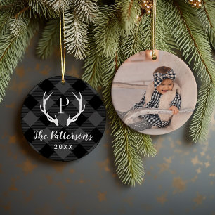 Gray and Black Plaid Rustic Antler Monogram Photo Ceramic Ornament