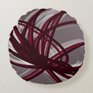 Gray and Burgundy Artistic Abstract Ribbons Round Cushion