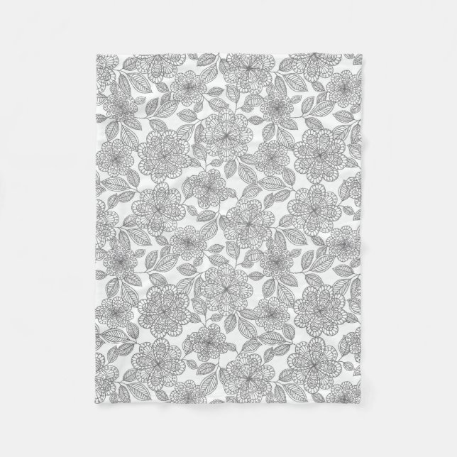 GRAY AND CREAM FLORAL DESIGN FLEECE BLANKET (Front)