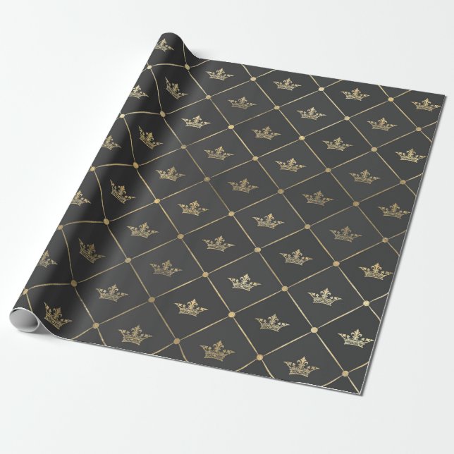 Gray and Gold Foil Paris Crown Wrapping Paper (Unrolled)