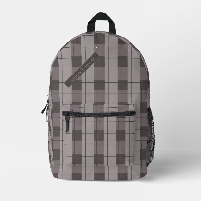 Gray and Grey Plaid, Your Name Printed Backpack (Front)