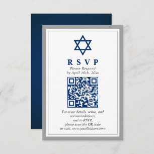 Gray and Navy Blue Bar Mitzvah QR Code RSVP Enclosure Card