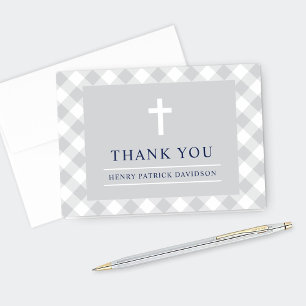 Gray and Navy Gingham Plaid Boy First Communion Thank You Card