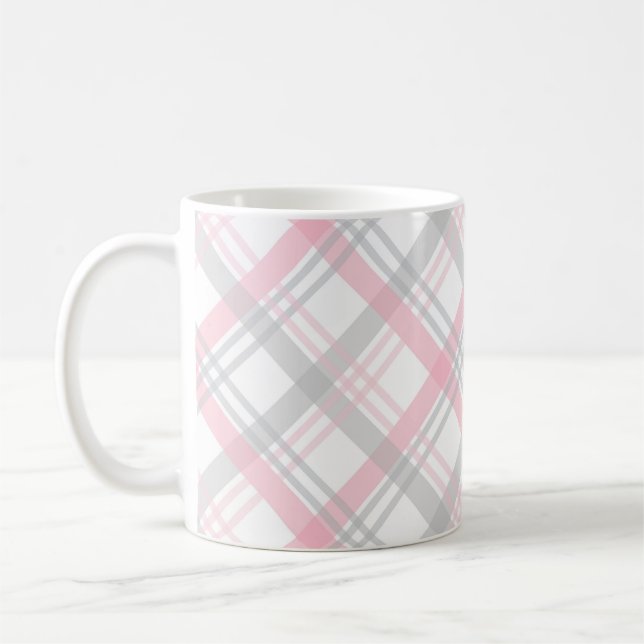 Gray and Pink Plaid Pattern Coffee Cup Mug (Left)